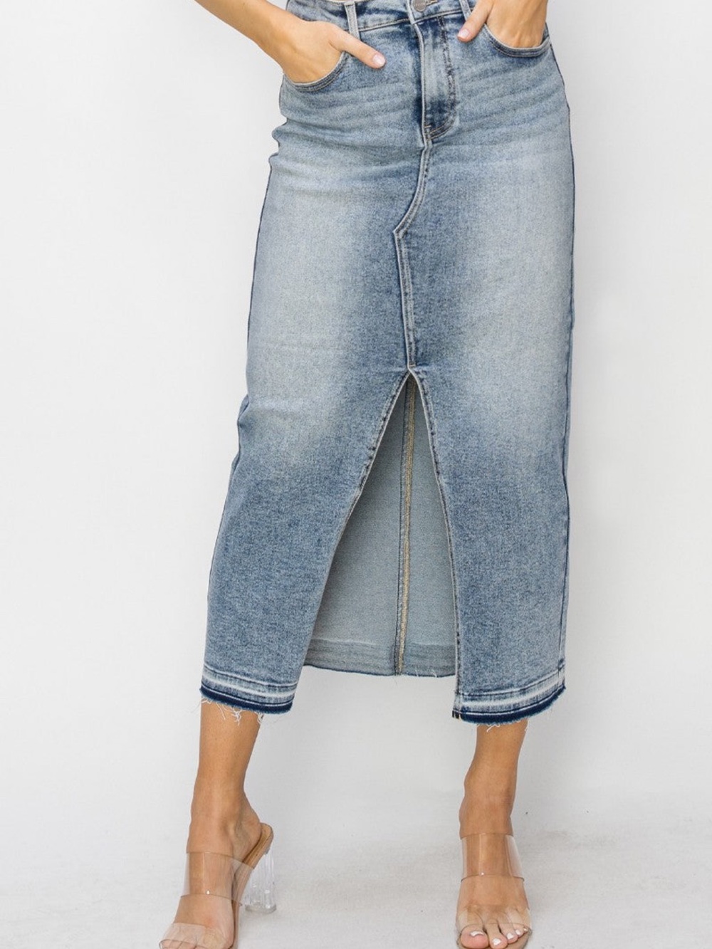 Risen Jeans High-Rise Light Blue Denim Straight Skirt with Front Slit